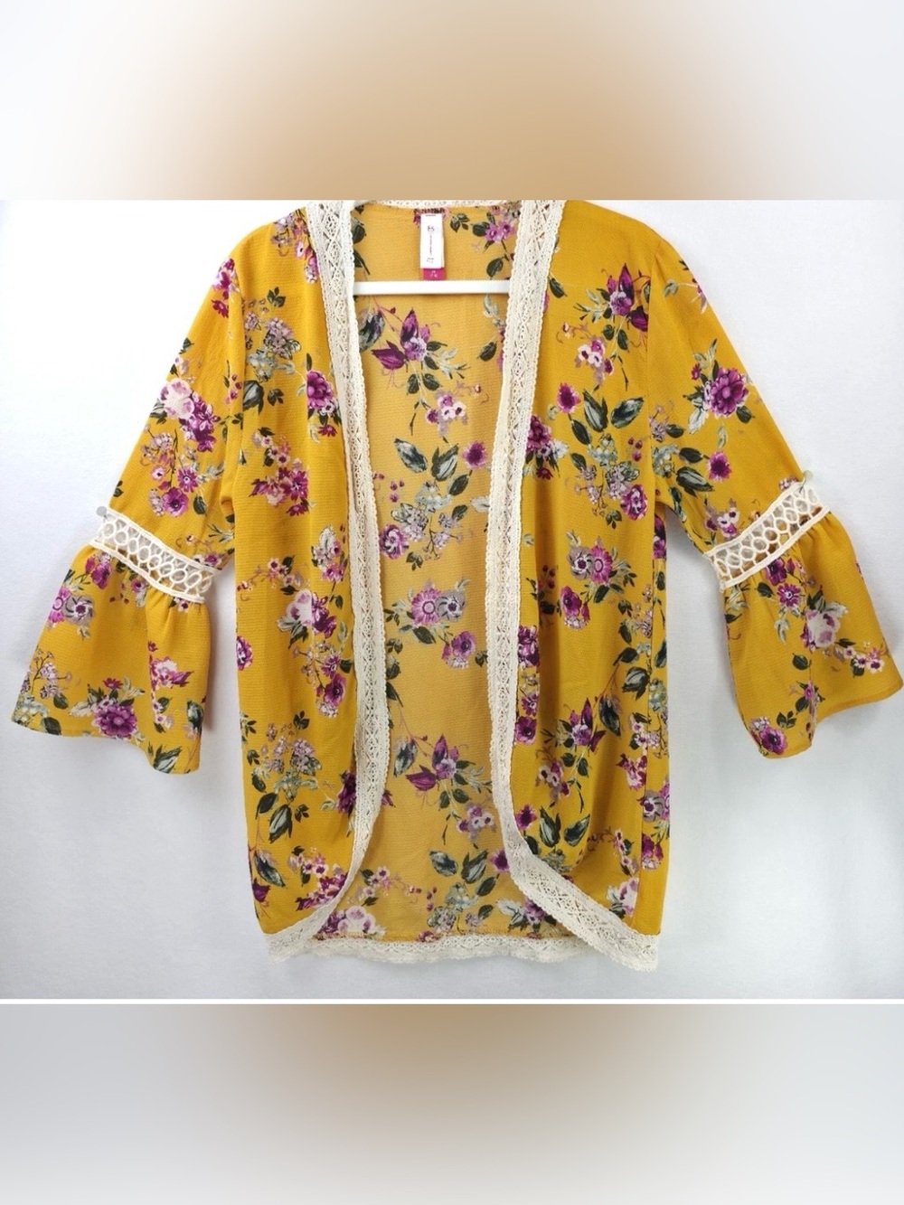 No Boundaries Mustard Floral Lace-Trim Open Front Cardigan